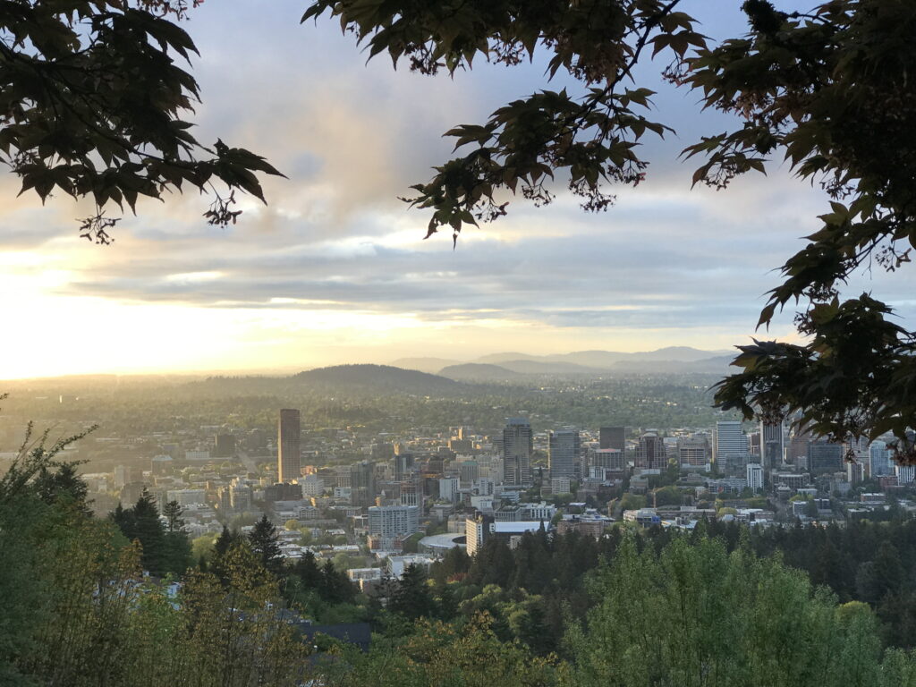 a view from pittock mansion grounds in spring, framed by delicate green Japanese maple leaves and branches, with a sun emerging in the distance and a cityscape below.