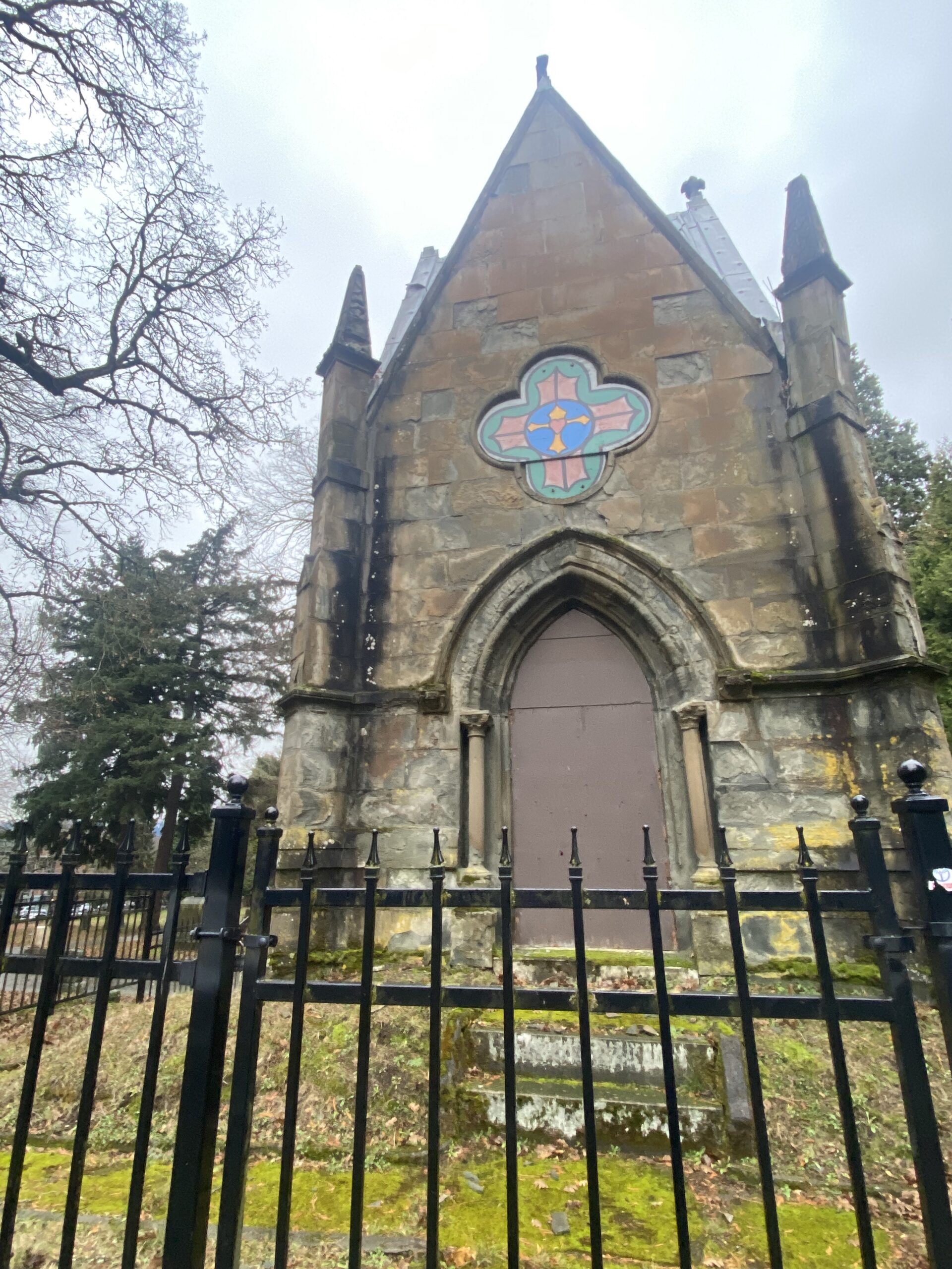 a spooky chapel in a cemetery 