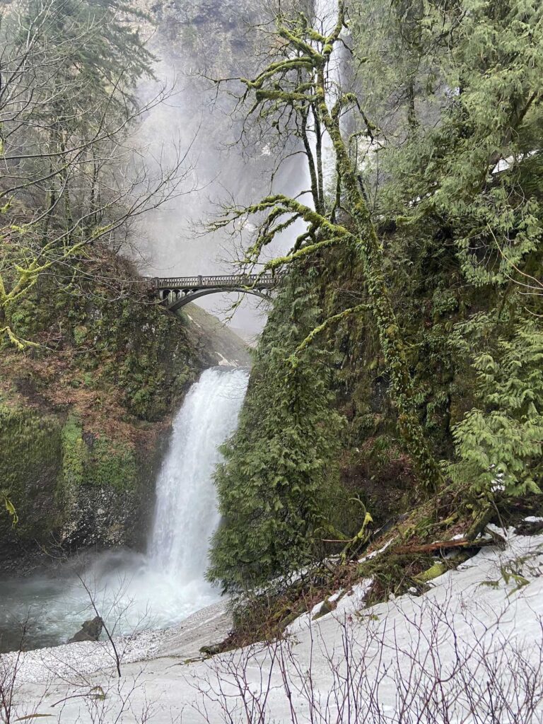 Multnomah Falls with snow drifts in front