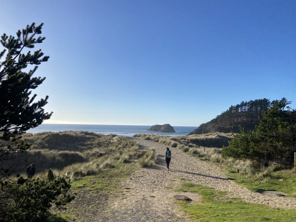 a person with brown hair and a backpack walks calmly toward beautifully blue skies and ocean water on a path framed by beach grasses and coniferous trees. it looks both calm and wild at once